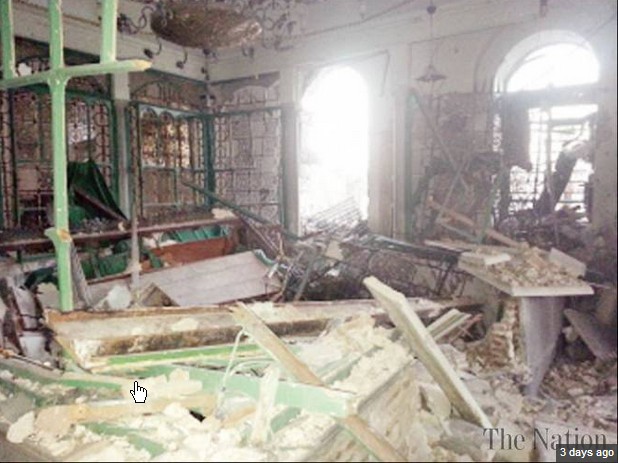 The mausoleum of Khalid must have been targeted with shelling from the direction of the damaged window, from outside